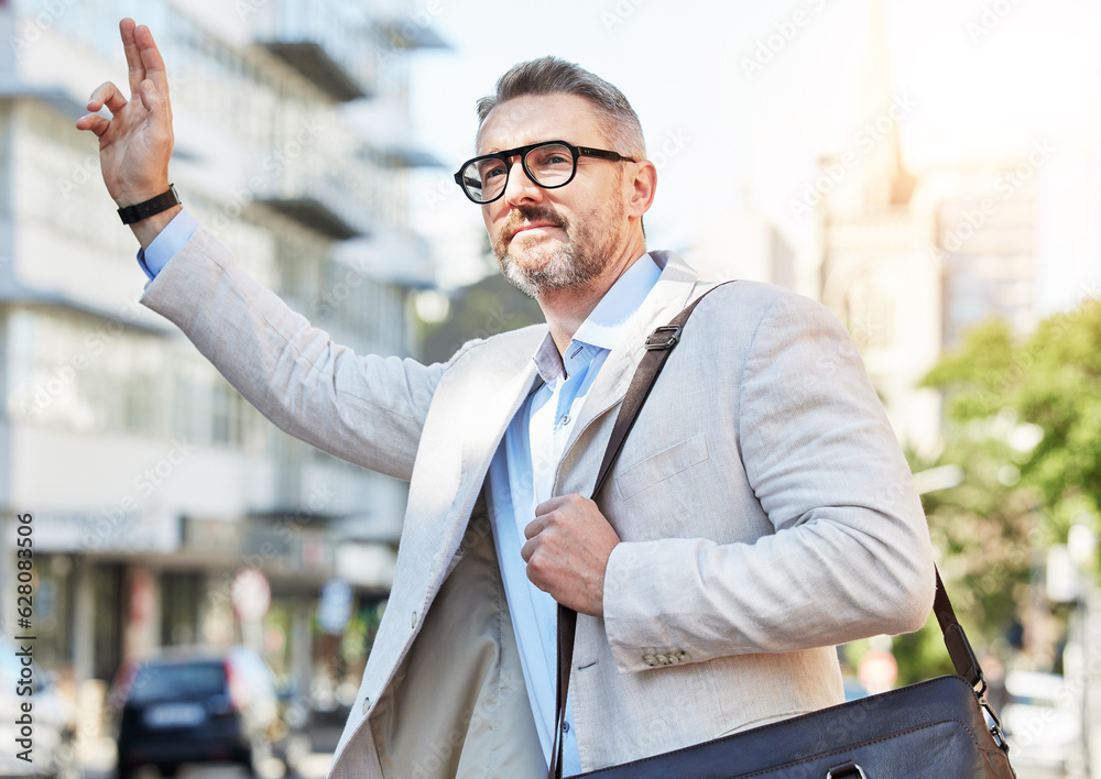 Business, travel and man with hand for taxi, attention or hail in city on morning work commute. Bus,