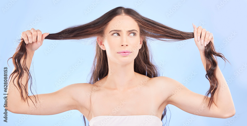 Thinking, woman and damaged hair in studio with cosmetics, haircare or confused face for beauty, pro