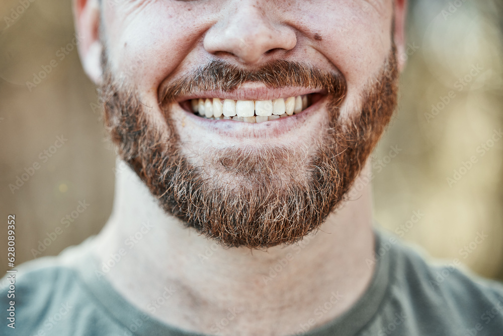 Man, smile and mouth in closeup for dental care for whitening or dentist treatment for tooth wellnes