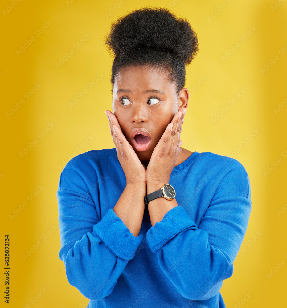 African girl, surprise and face with news or announcement in isolated or yellow studio background fo