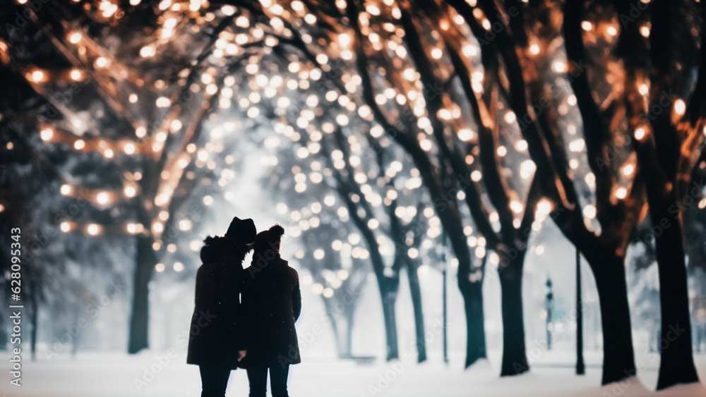 Silhouette of two lovers leaning towards each other in an atmospheric winter park with Christmas lig