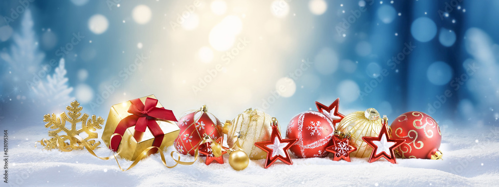 Original bright wide format background image with Christmas tree decorations, gifts and snowflakes.