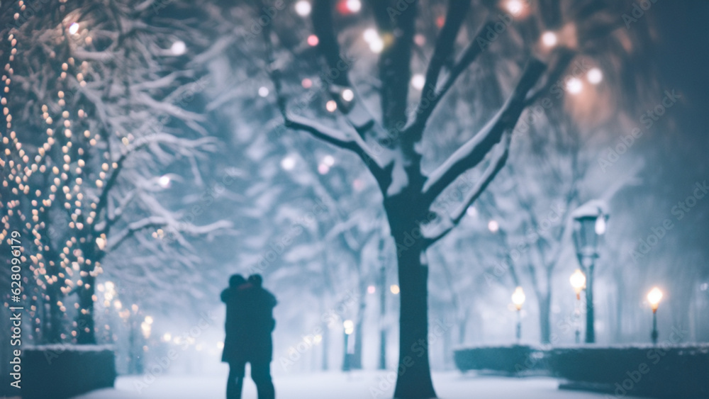 Beautiful atmospheric image of the silhouette of a couple in love in a festively decorated winter al