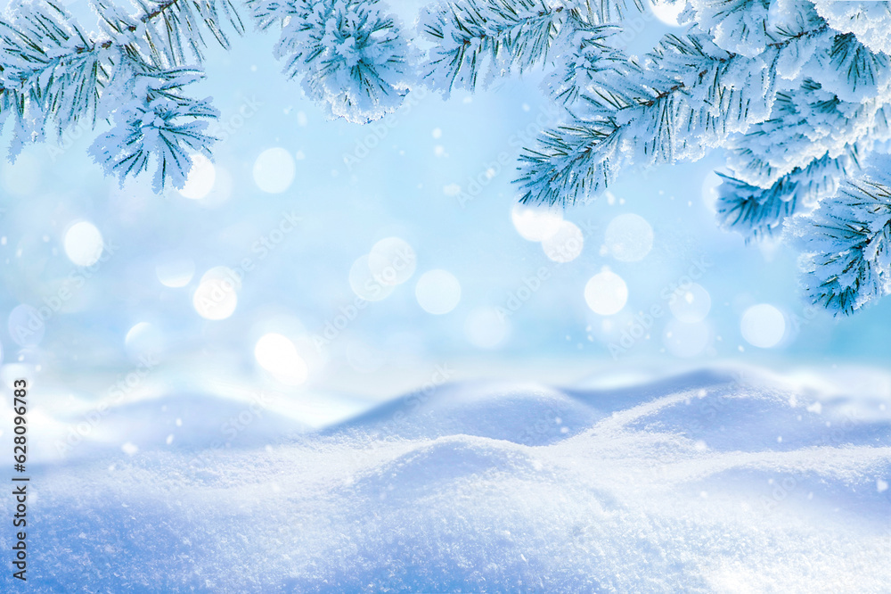 Beautiful winter background image of frosted spruce branches and small drifts of pure snow with boke