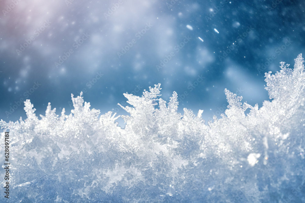 Beautiful crystals of hoarfrost close-up macro on a natural atmospheric blue background. Winter snow