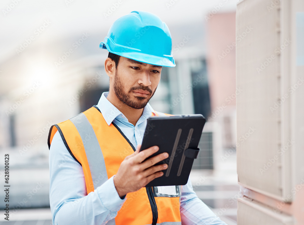 Tablet, engineering and man with air conditioner on roof for repair, maintenance and inspection. Sol