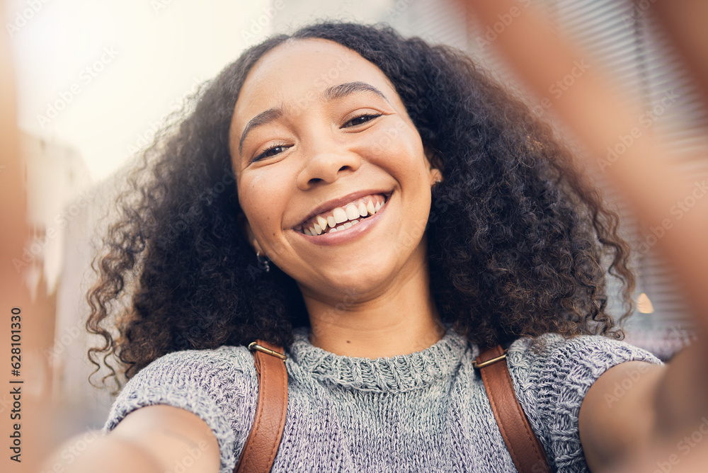 Happy, selfie and portrait of a woman in the city for exploring or sightseeing on weekend trip. Soci