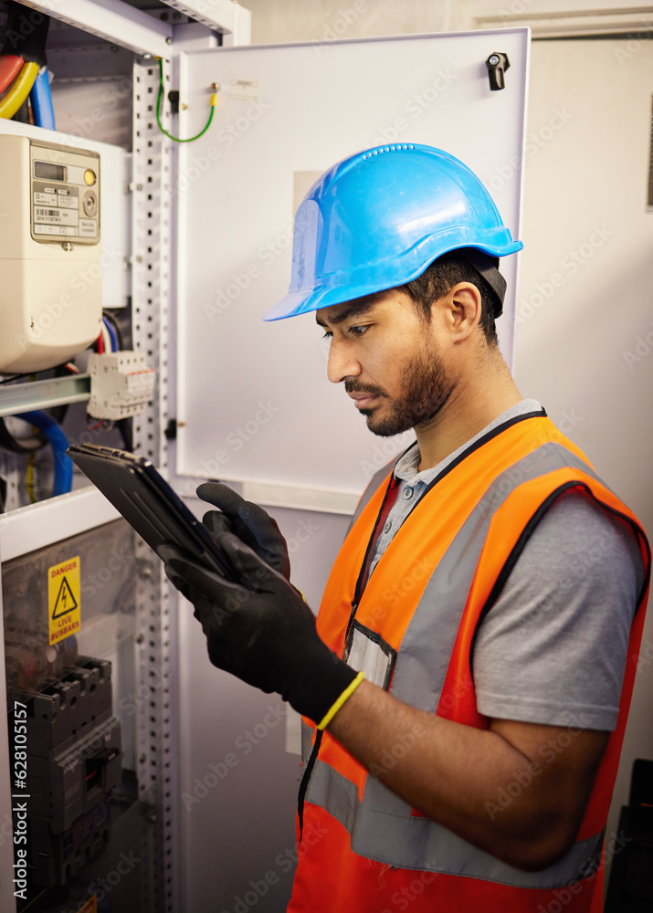 Tablet, engineering and man with electricity box for repair, maintenance and technician inspection. 