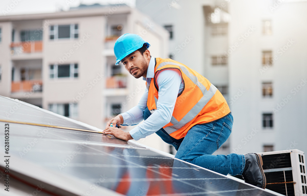 Technician man, tape and solar panel on roof with thinking, sustainable vision and construction in c