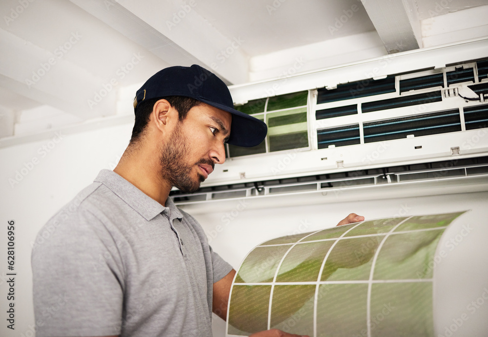 Maintenance, air conditioner and man checking filter, technician working on ventilation and ac repai