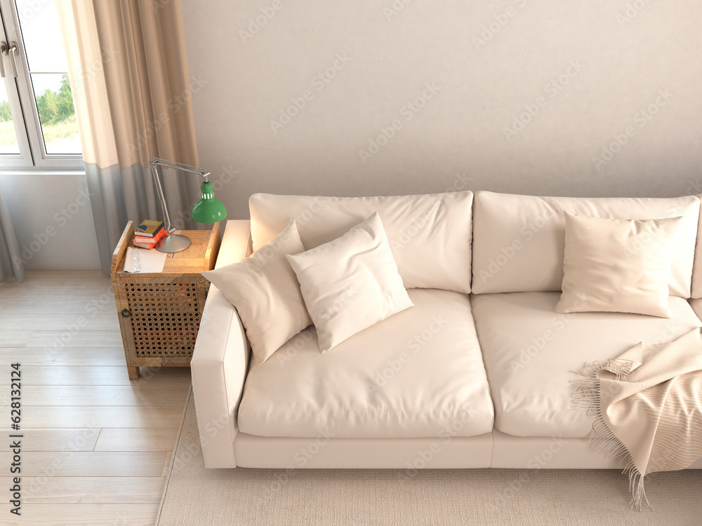 Modern interior of living room with white sofa. 3d render	