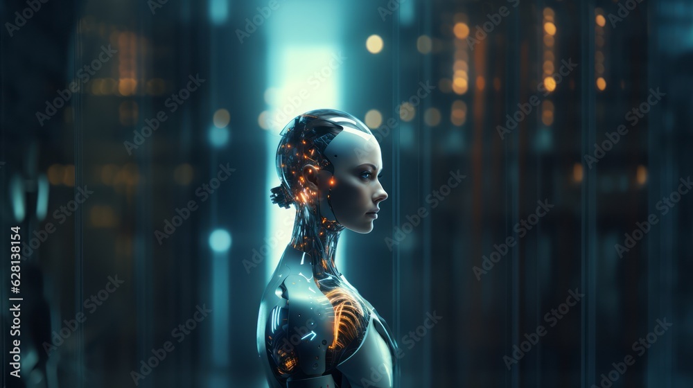 Humanoid female AI futuristic android, cyborg robot, vibrant neon neural network, futuristic technol