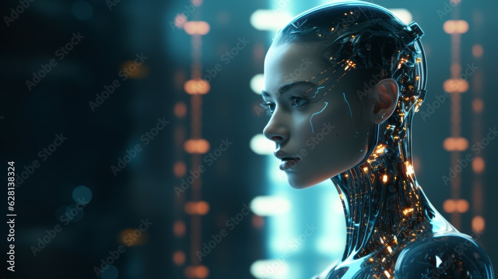 Humanoid female AI futuristic android, cyborg robot, vibrant neon neural network, futuristic technol