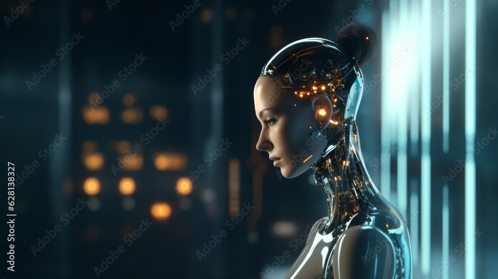 Humanoid female AI futuristic android, cyborg robot, vibrant neon neural network, futuristic technol