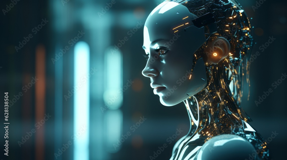 Humanoid female AI futuristic android, cyborg robot, vibrant neon neural network, futuristic technol