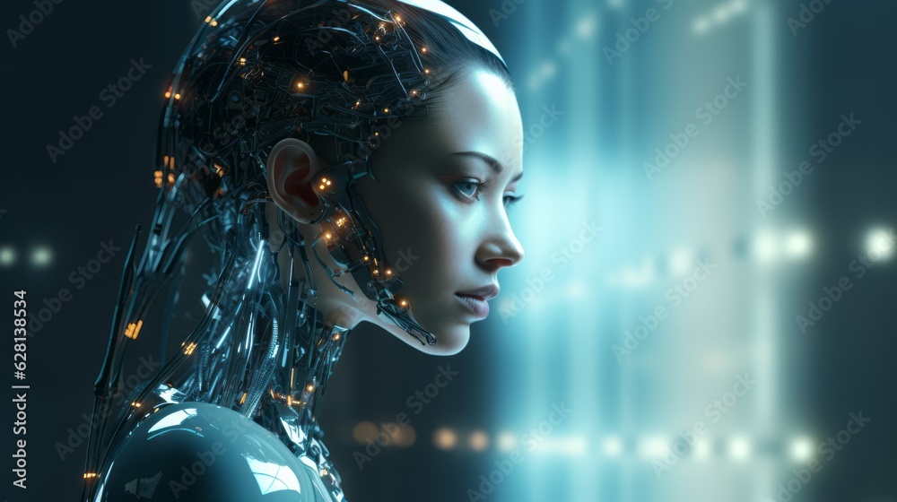 Humanoid female AI futuristic android, cyborg robot, vibrant neon neural network, futuristic technol