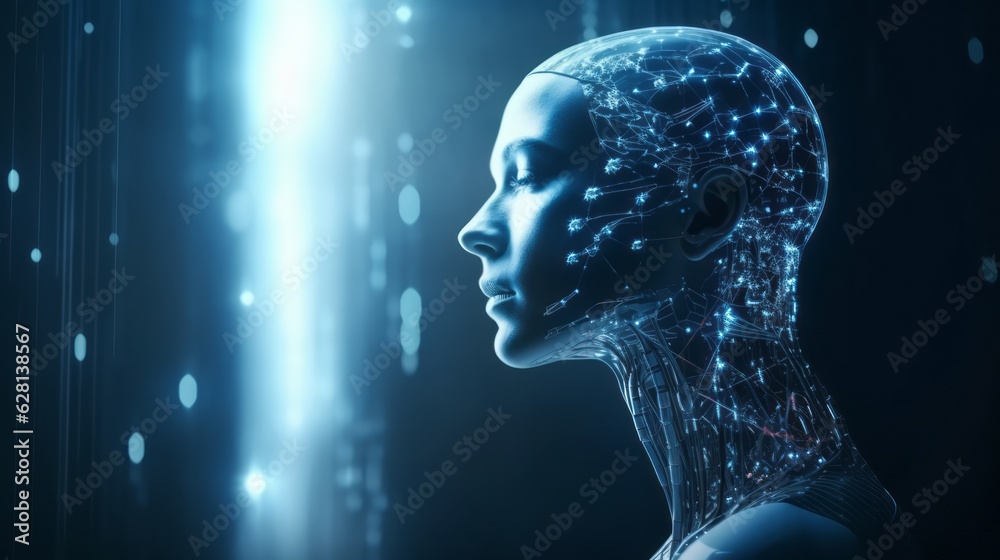 Humanoid female AI futuristic android, cyborg robot, vibrant neon neural network, futuristic technol