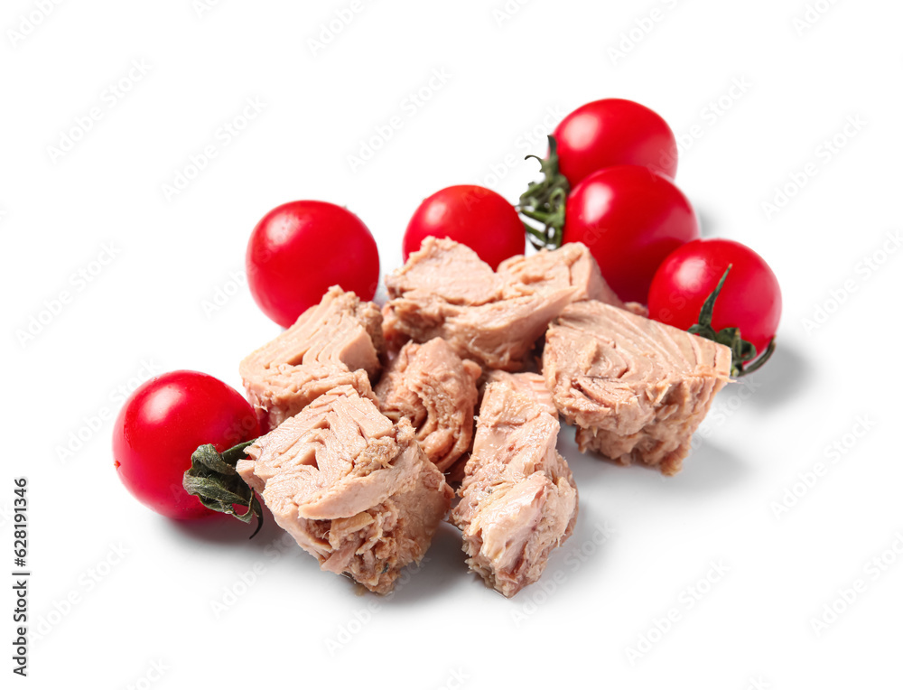 Delicious canned tuna with tomatoes isolated on white background