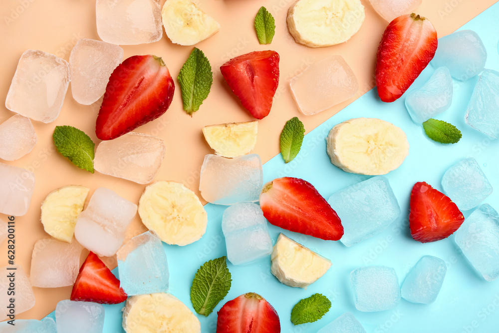 Sliced fresh fruits with mint and ice on color background