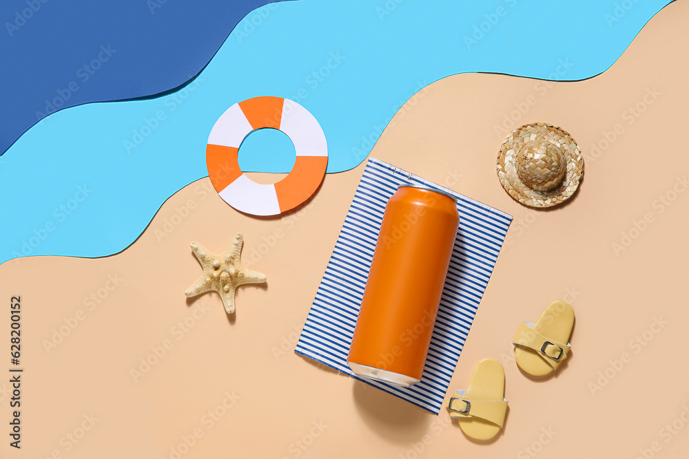 Can of soda with beach decor on color background