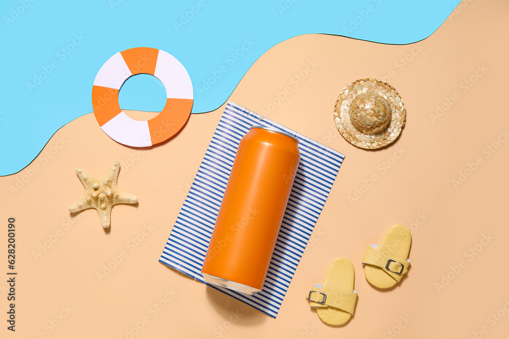 Can of soda with beach decor on color background