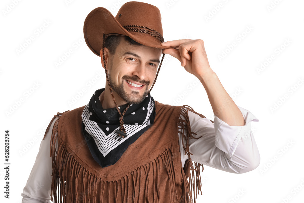 Handsome cowboy on white background, c;