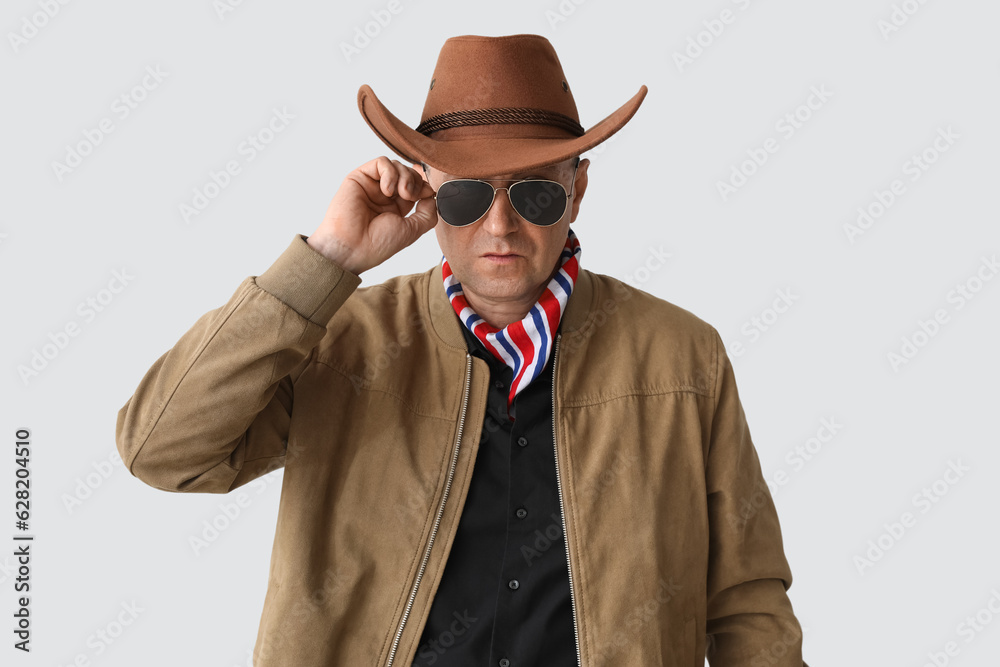 Mature cowboy in sunglasses on light background