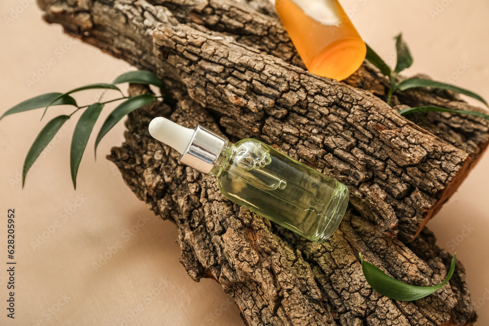 Bottles of essential oil, tree bark and plant leaves on color background, closeup