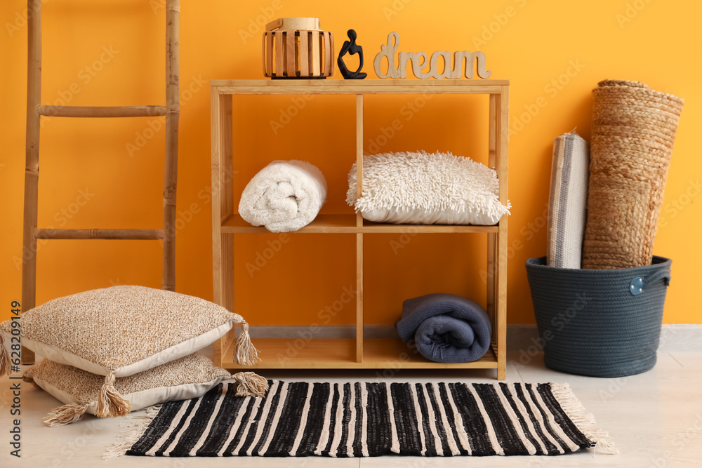 Ladder, shelving unit and striped rug near orange wall