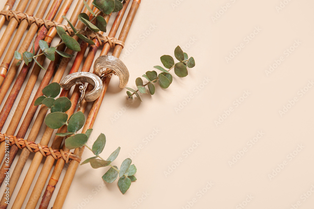 Stand with beautiful earrings and eucalyptus branches on beige background