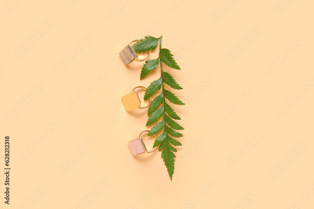 Plant leaves and vintage rings on orange background