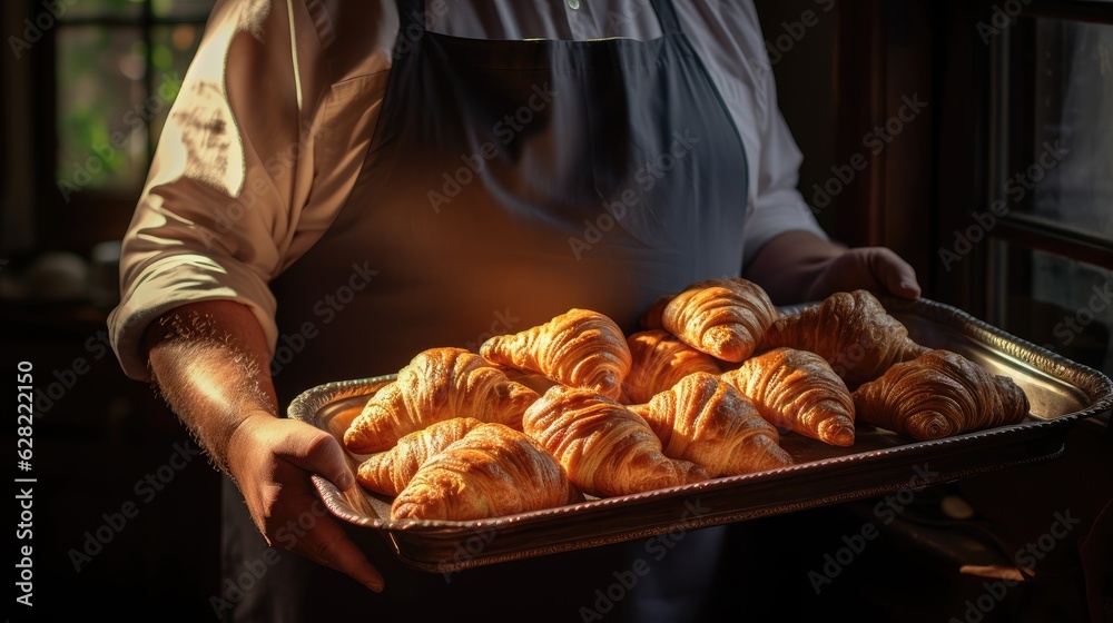 Baker holding a tray full of fresh croissants.