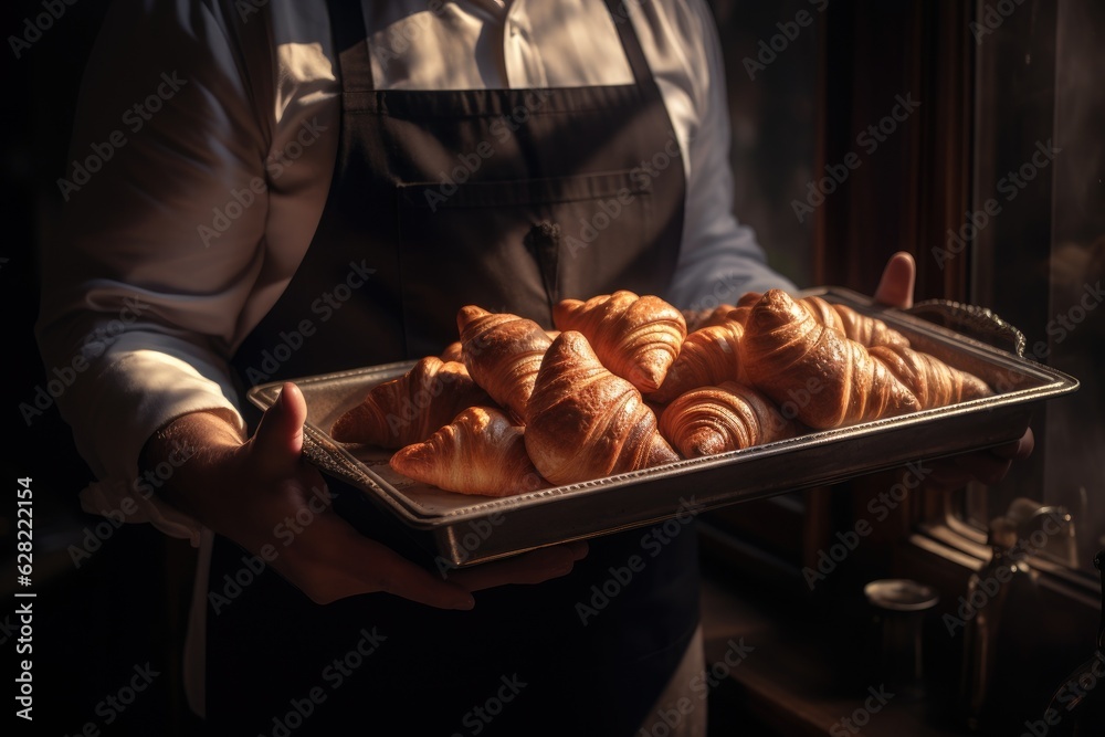 Baker holding a tray full of fresh croissants.