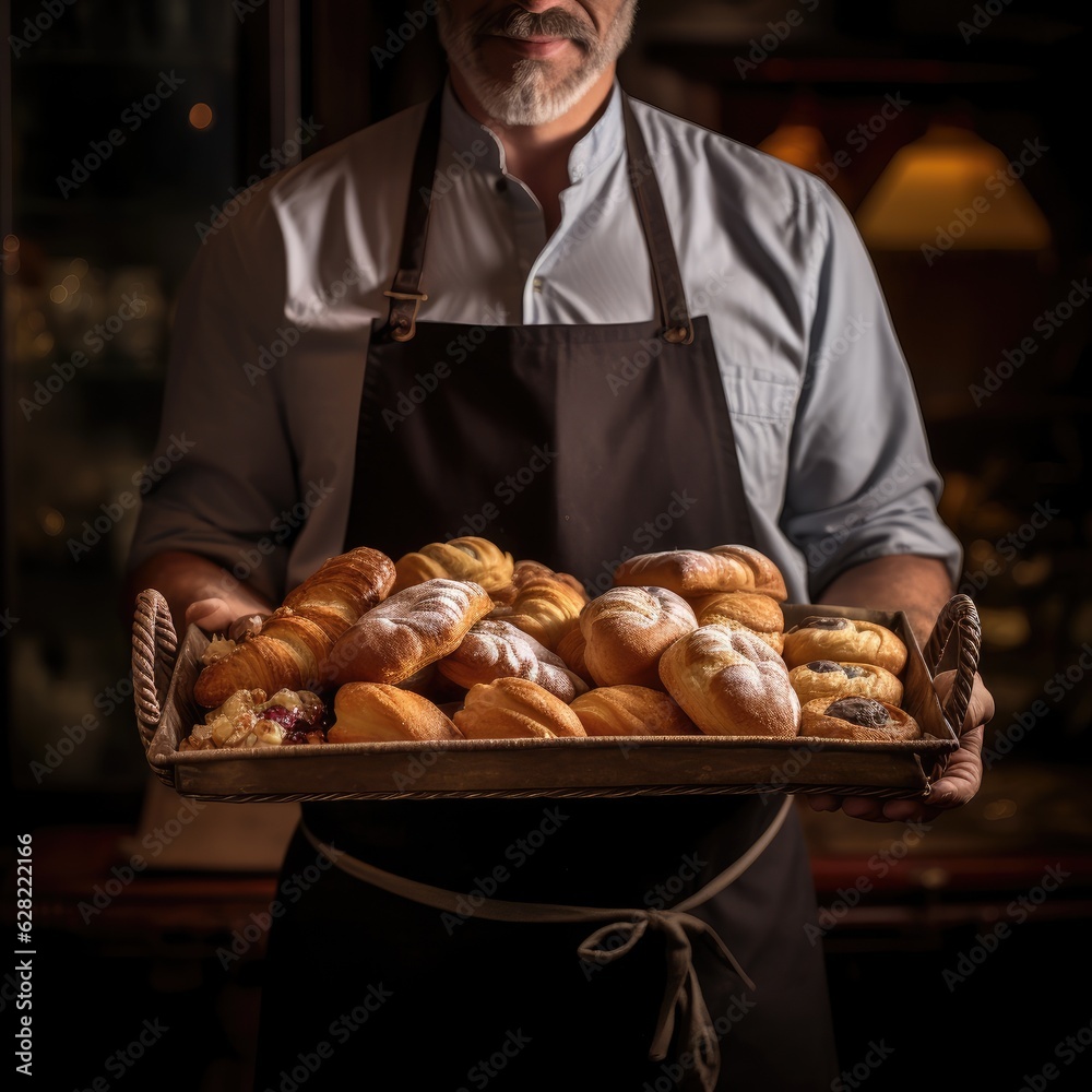 Baker holding a tray full of breads inside a bakery