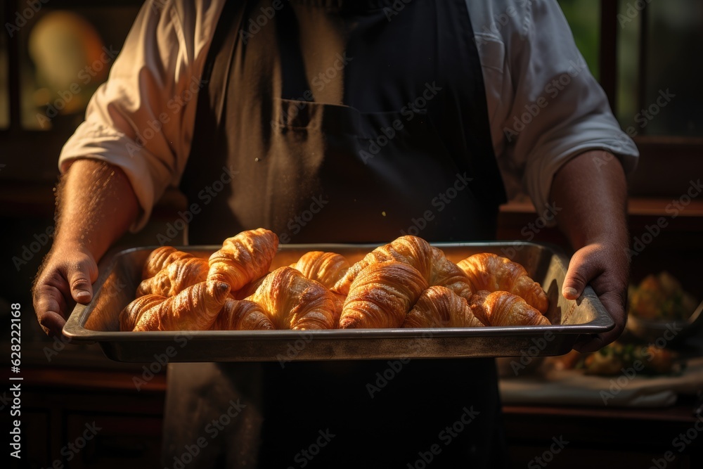 Baker holding a tray full of fresh croissants.