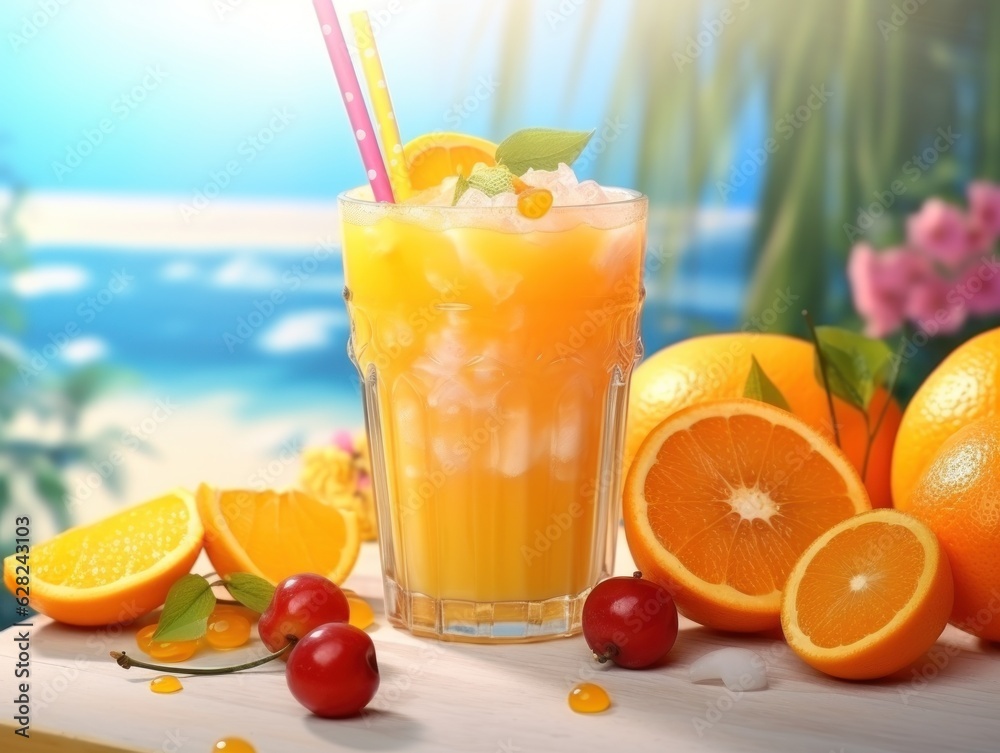 Citrus smoothie drink on tropical background