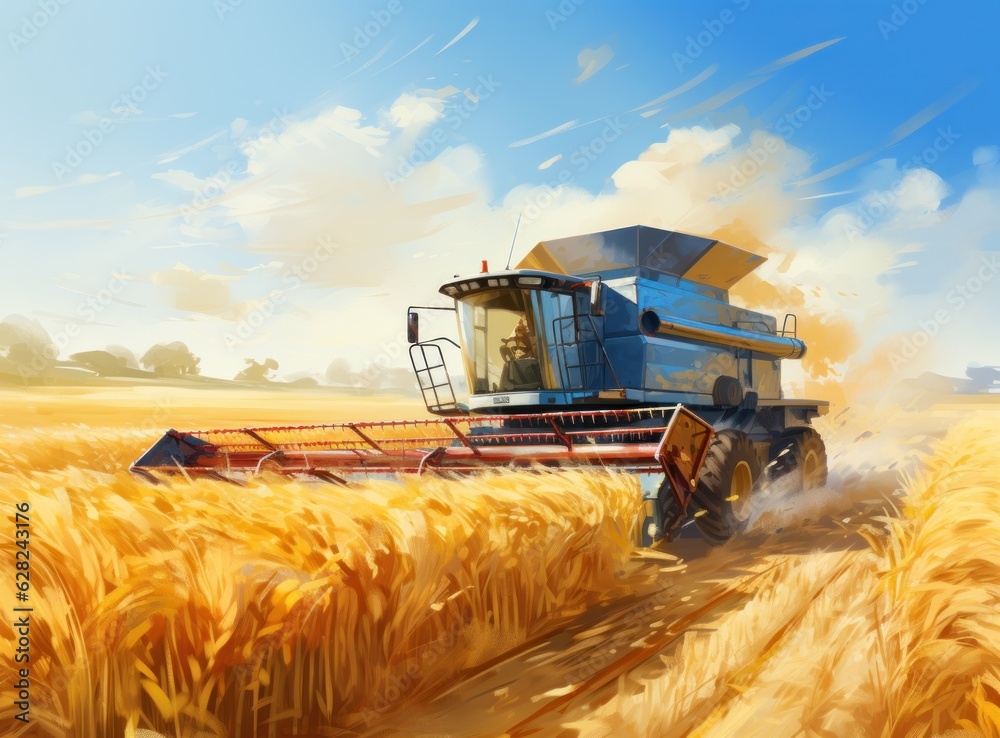 Combine harvester in a wheat field