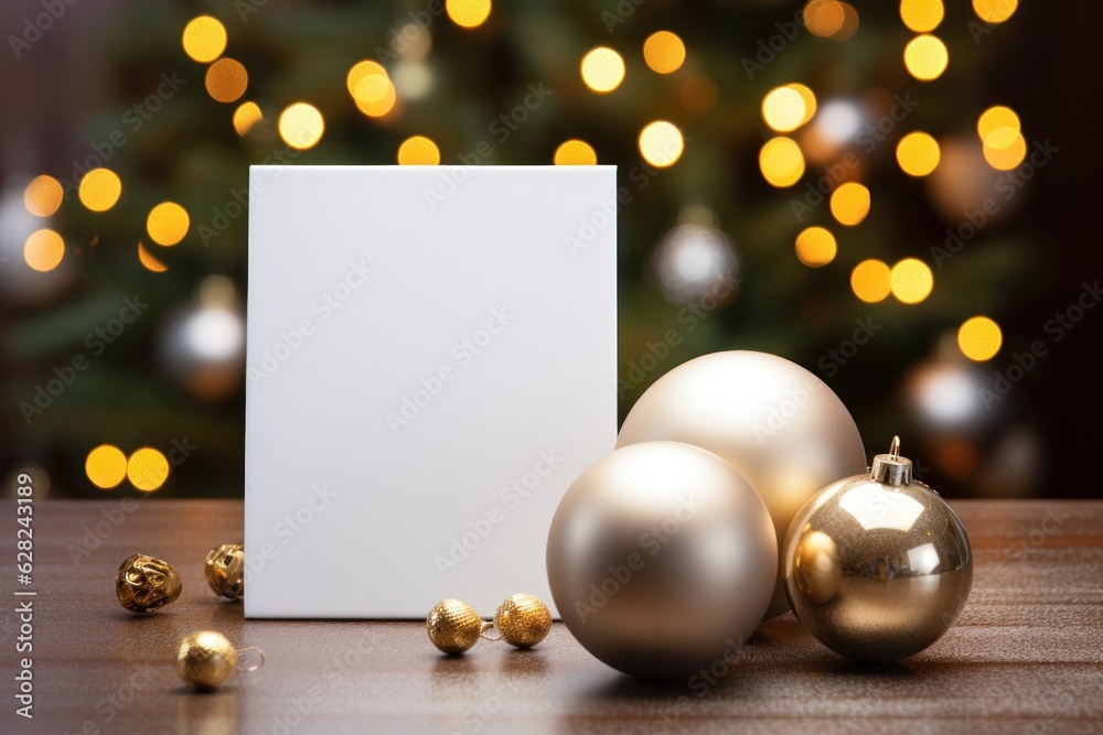 Blank white greeting card mockup, beautiful background decorated for christmas