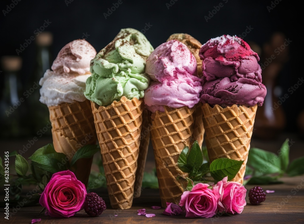 ice cream cones with mixed flavors