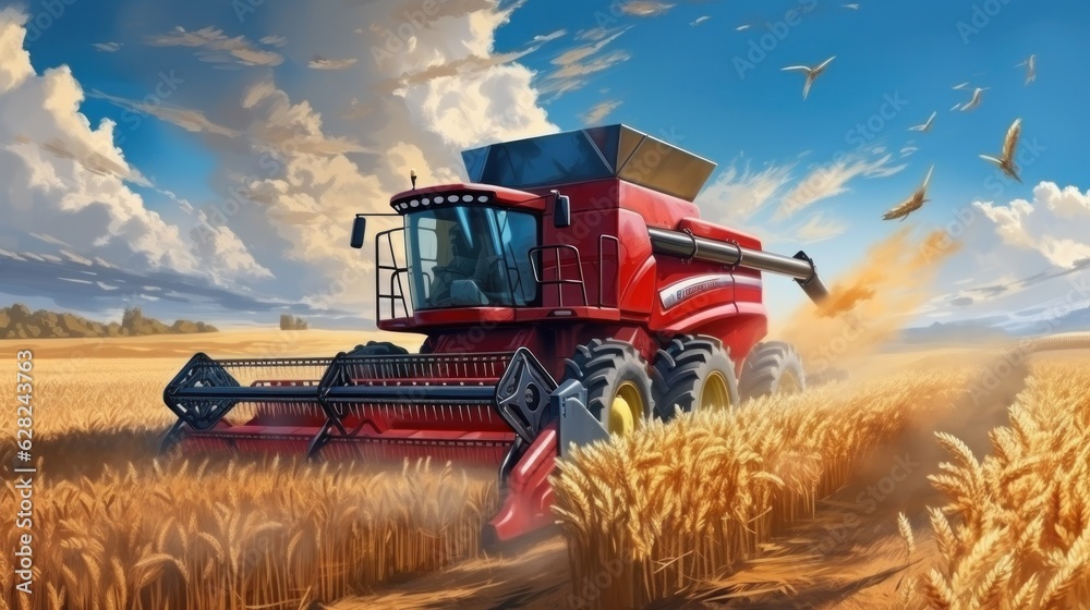 Combine harvester in a wheat field