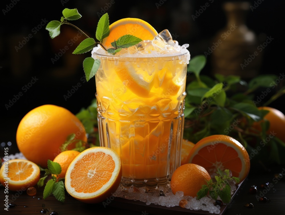 Citrus smoothie drink on tropical background