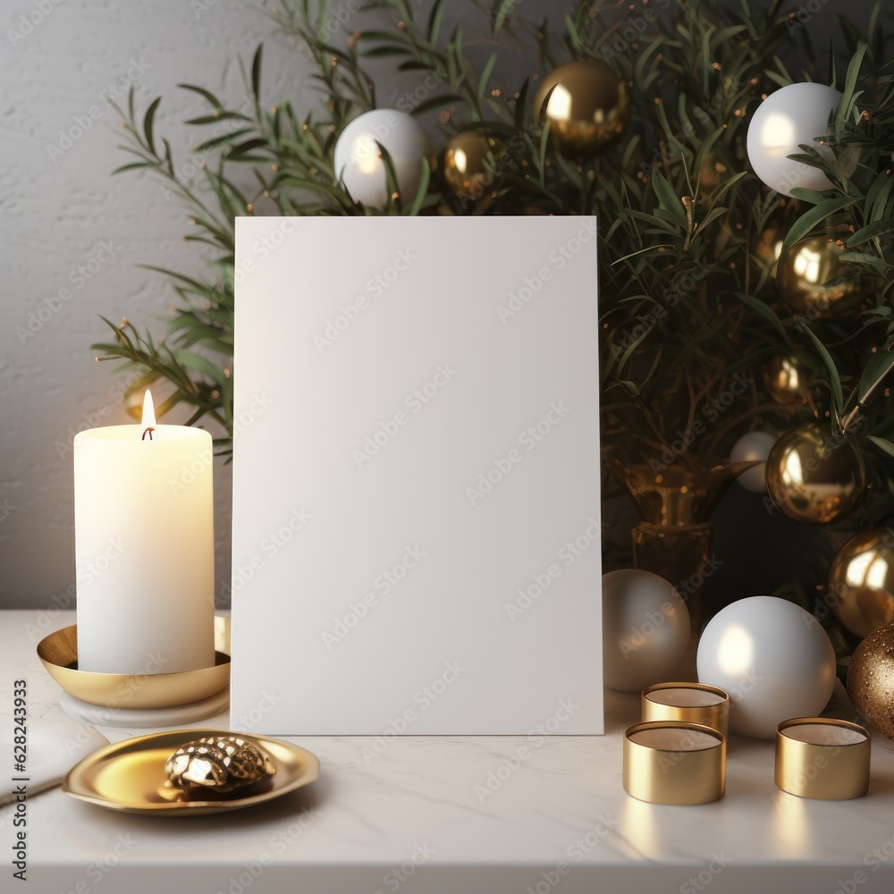 Blank white greeting card mockup, beautiful background decorated for christmas