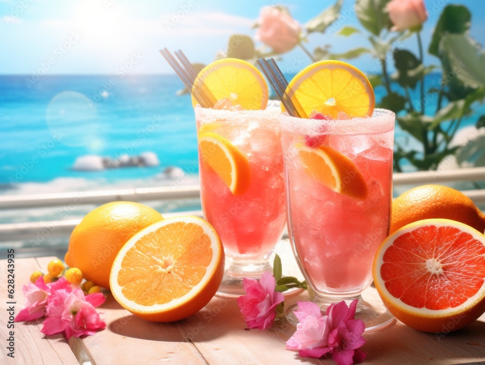 Citrus smoothie drink on tropical background