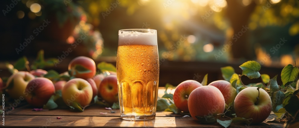 Apple cider on table with apples