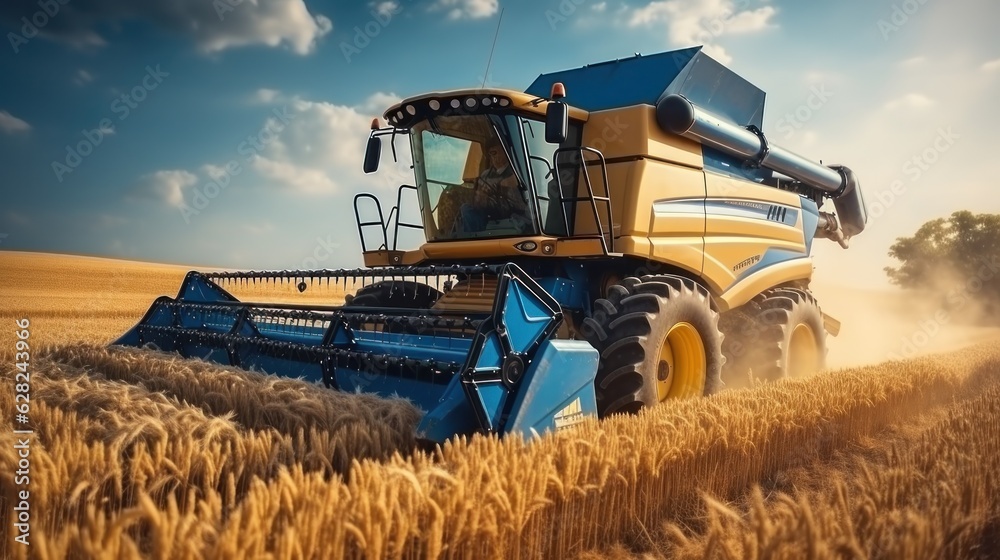 Combine harvester in a wheat field