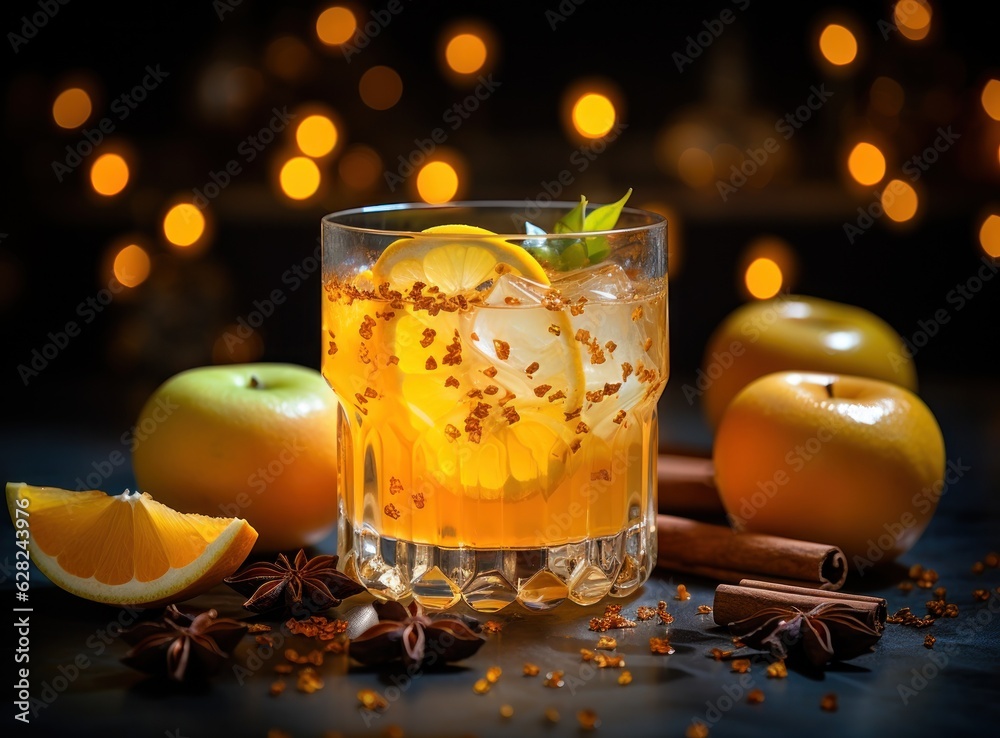 A glass of cider on wooden table with spices