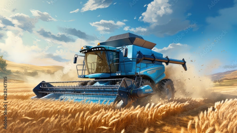 Combine harvester in a wheat field