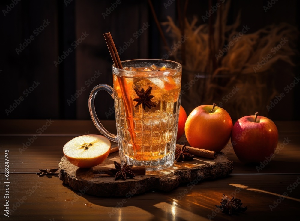 A glass of cider on wooden table with spices