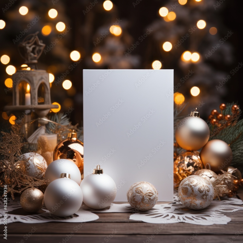 Blank white greeting card mockup, beautiful background decorated for christmas