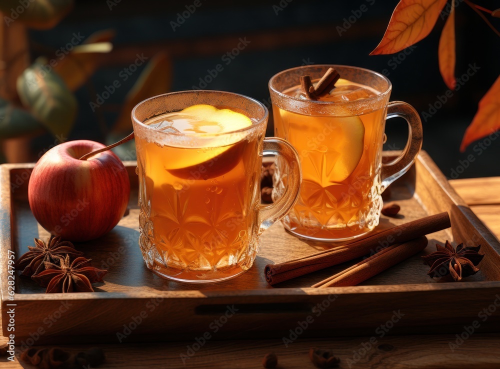 A glass of cider on wooden table with spices